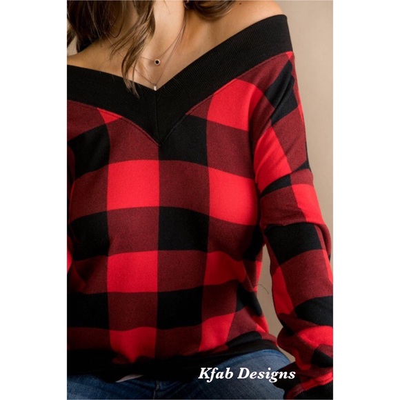 ❤️LAST! French Terry V Neck Contrast Band Soft Plaid Top! - Picture 10 of 10